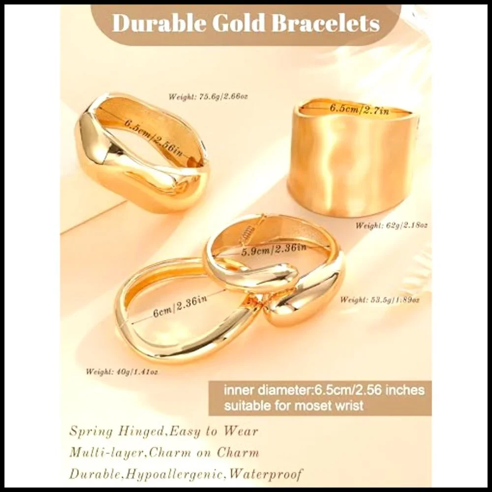 Chunky Gold Plated Hinged Bangle Bracelets Stack Minimalist Trendy Jewelry
